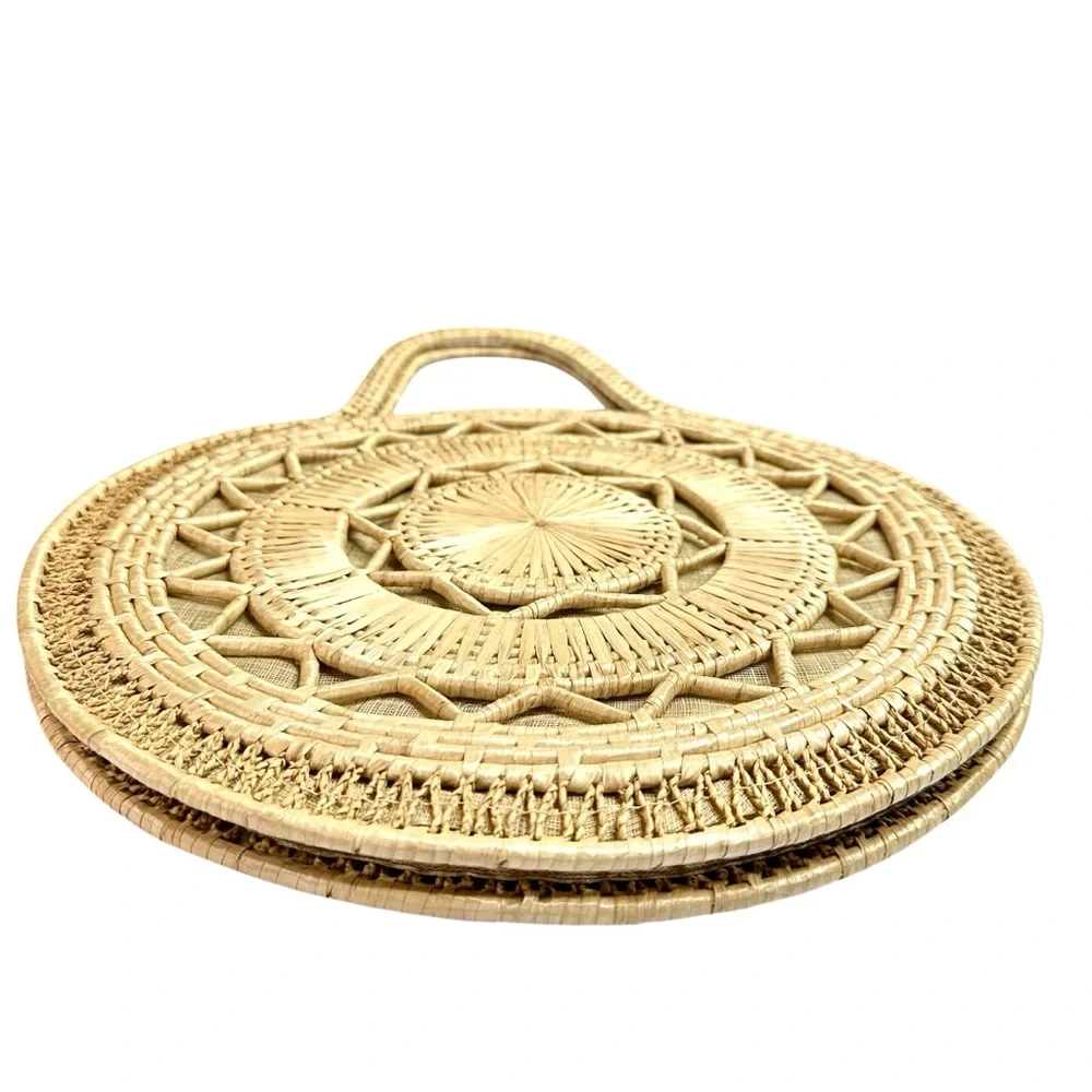 Vintage Hand-Woven Straw Raffia Handbag Natural Geo Sun Beach Bag‎ Boho Coastal